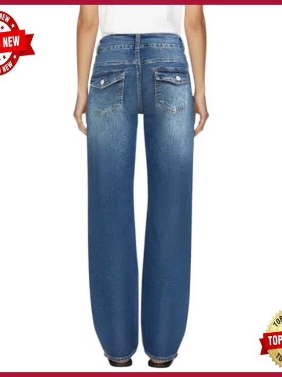 Wide Leg Stretch Denim Jeans Low Rise Straight Fit Flare Pants - Picture 2 of 7